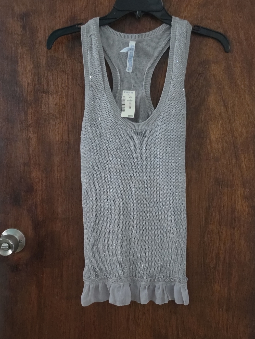 Aeropostale Girls' Sleeveless Knit Dress in Light Gray With Sequins Ruffle Hem